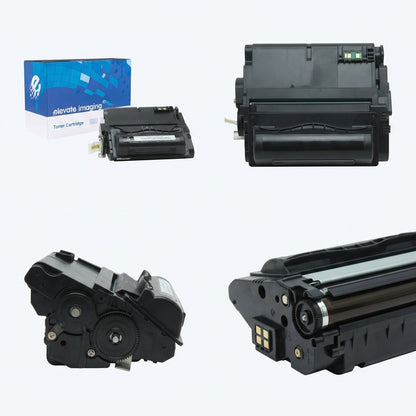 Four-view matrix of the Elevate Imaging HP 42A (Q5942A) black toner cartridge and retail box.
