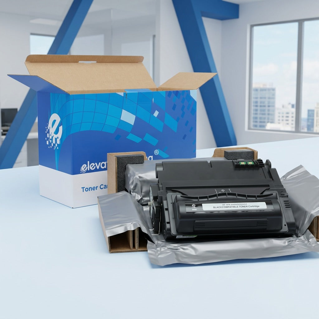Unboxed HP 42A Q5942A toner cartridge protected by silver antistatic wrap and retail packaging.