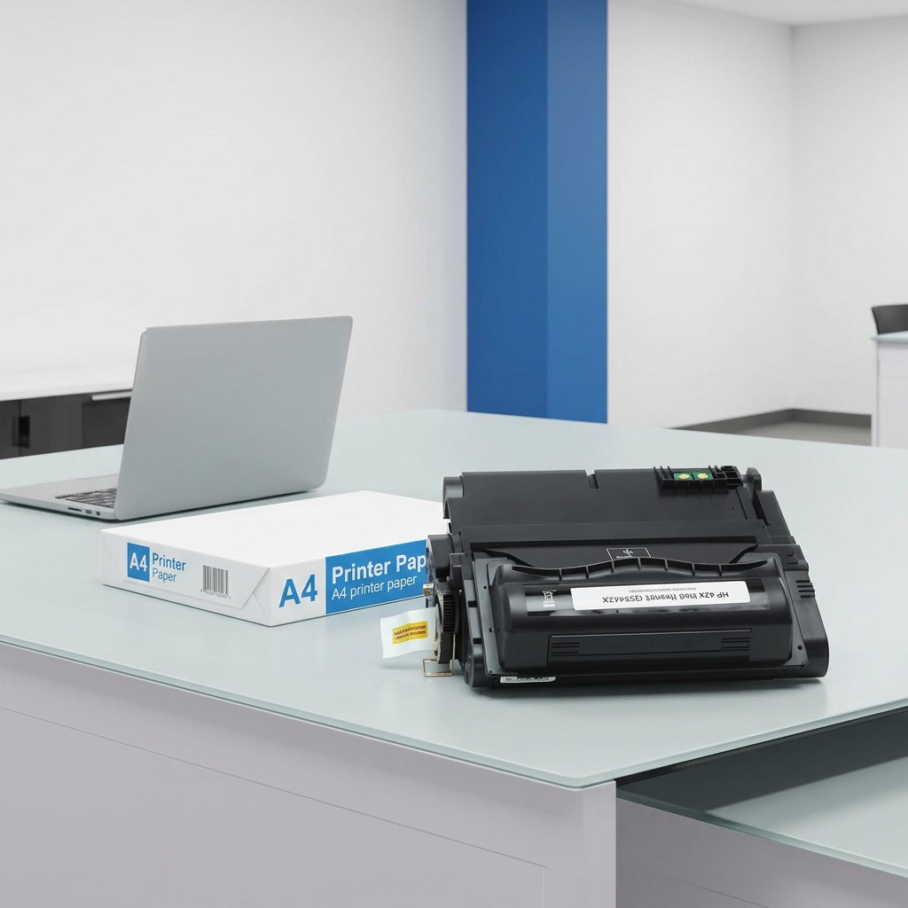 HP 42X (Q5942X) black toner cartridge shown for scale next to a laptop and A4 paper ream.