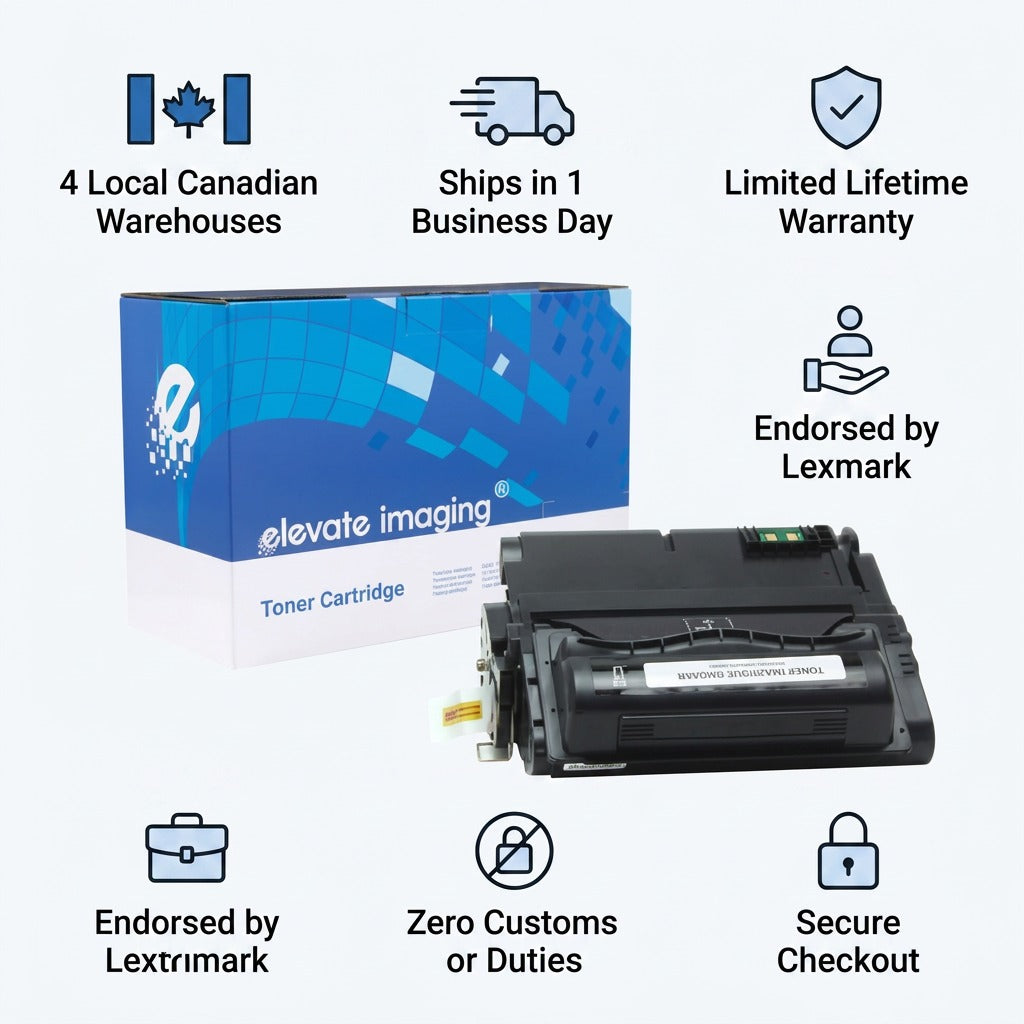 Elevate Imaging HP 42X toner infographic highlighting Canadian shipping and lifetime warranty.