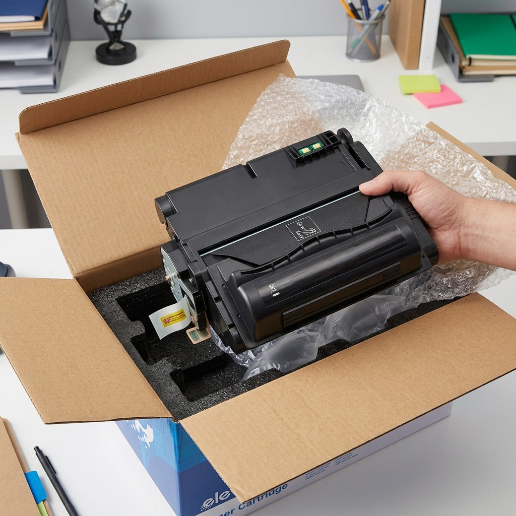 A black HP 42X (Q5942X) compatible toner cartridge being unboxed from protective foam and bubble wrap.