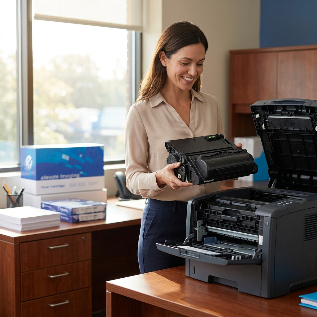 A professional woman installs a High Yield HP 42X Q5942X toner cartridge into an office printer.