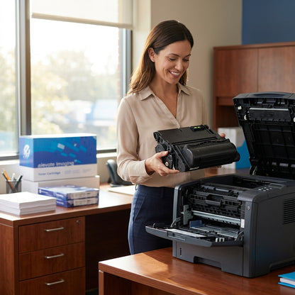 A professional woman installs a High Yield HP 42X Q5942X toner cartridge into an office printer.
