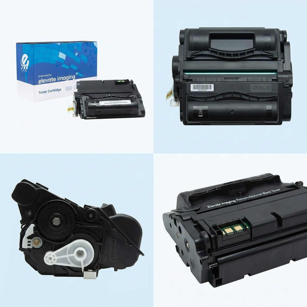Four-angle view of Elevate Imaging HP 42X (Q5942X) black toner cartridge and retail packaging.
