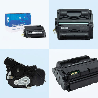 Four-angle view of Elevate Imaging HP 42X (Q5942X) black toner cartridge and retail packaging.