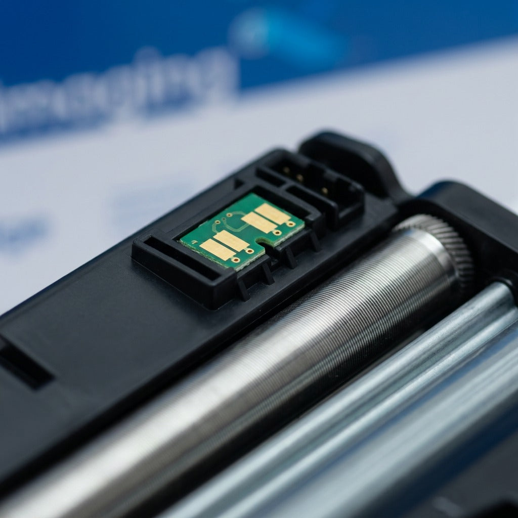 Extreme macro detail of the HP 42X (Q5942X) compatible toner electrical chip and developer roller.