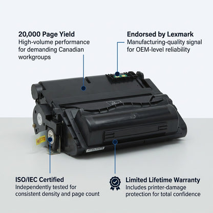 Elevate Imaging HP 42X toner cartridge feature callouts for 20,000 page yield and ISO certification.