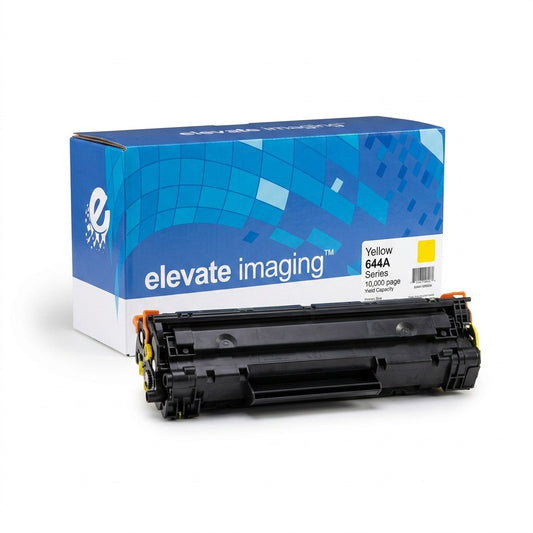 Elevate Imaging 644A (Q5952A) remanufactured yellow toner cartridge in front of its blue brand box.