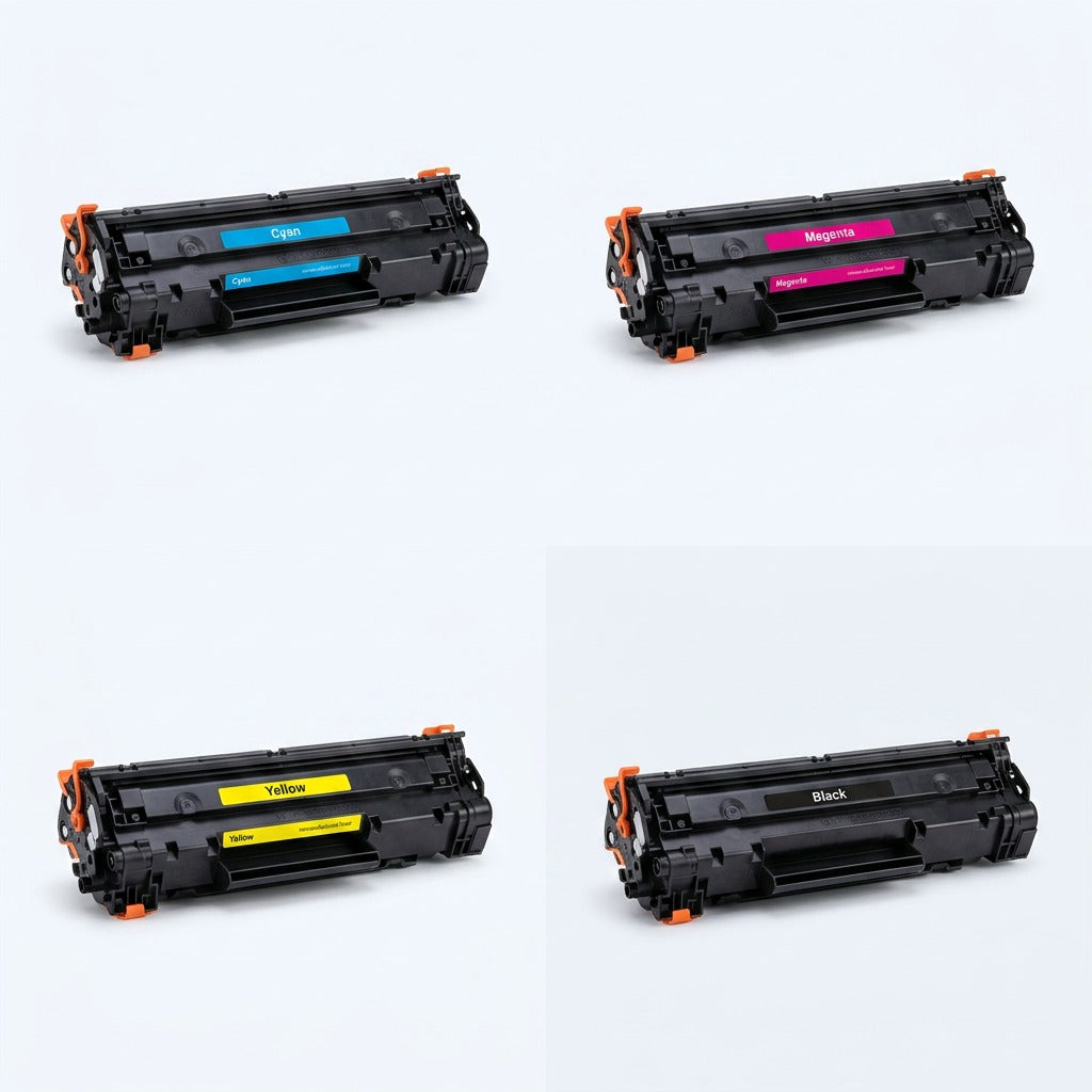 A 2x2 grid featuring Cyan, Magenta, Yellow, and Black Elevate Imaging remanufactured HP 644A toner cartridges.