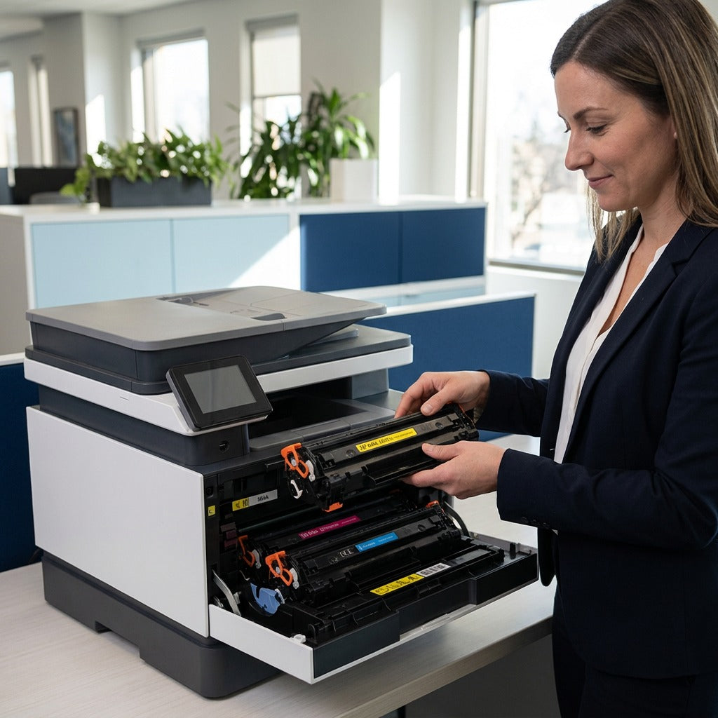 Office worker installing an Elevate Imaging HP 644A Yellow Toner Cartridge into a laser printer.