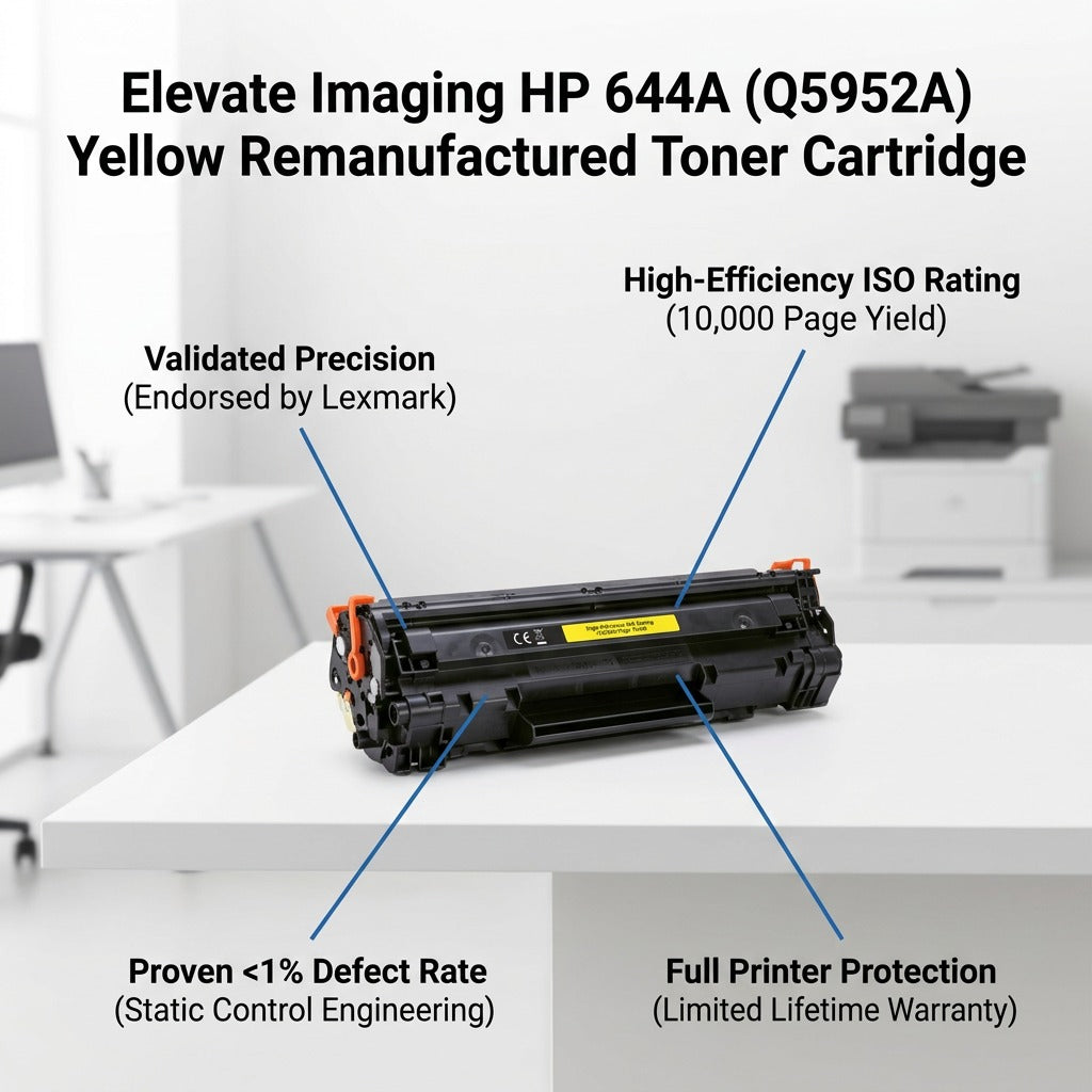 Elevate Imaging HP 644A Yellow Toner Cartridge with feature labels for page yield and warranty.
