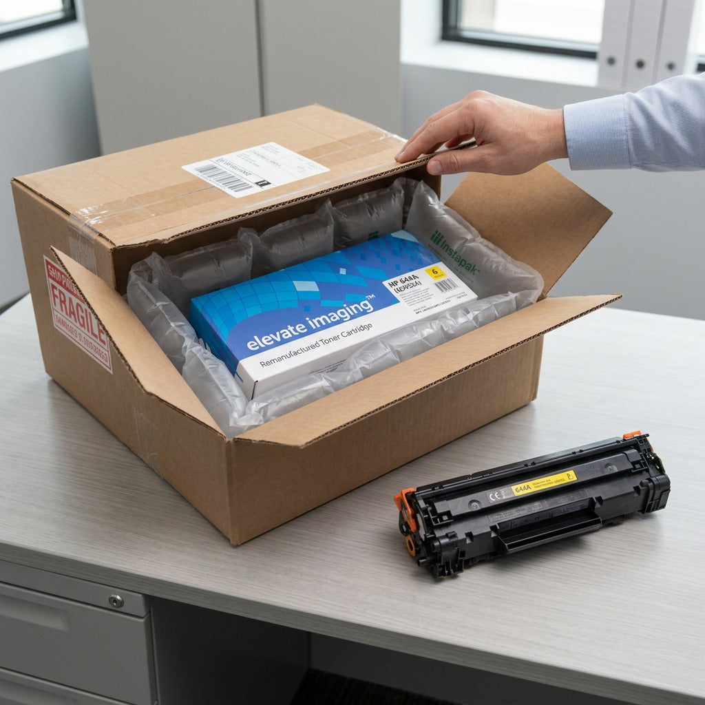 Elevate Imaging HP 644A Yellow Toner Cartridge unboxed from secure shipping with air cushions.