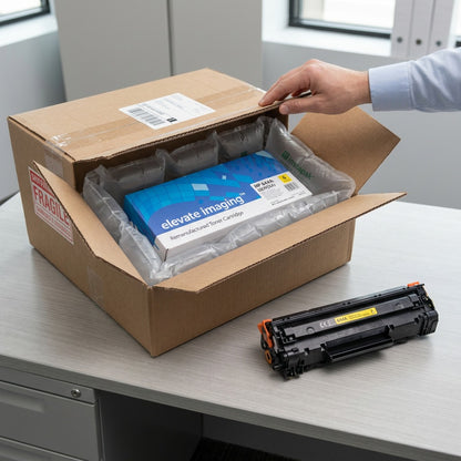 Elevate Imaging HP 644A Yellow Toner Cartridge unboxed from secure shipping with air cushions.