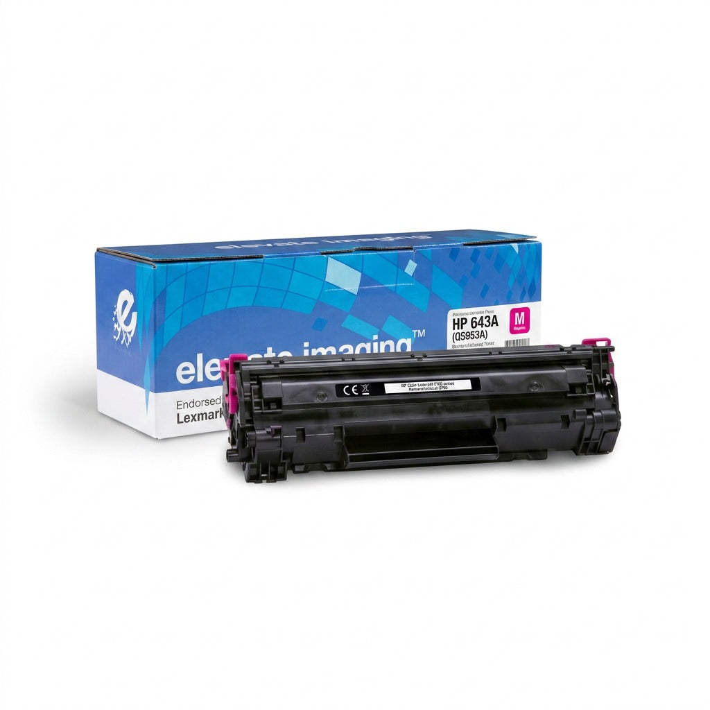 Elevate Imaging remanufactured HP 643A (Q5953A) magenta toner cartridge with blue product box.
