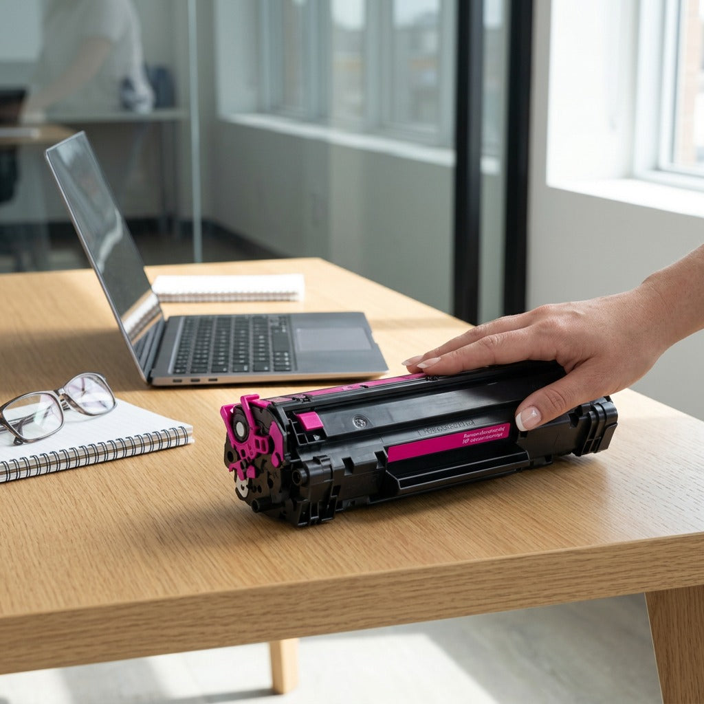 A hand placing a Magenta HP 643A (Q5953A) toner cartridge on a desk next to a laptop for scale.