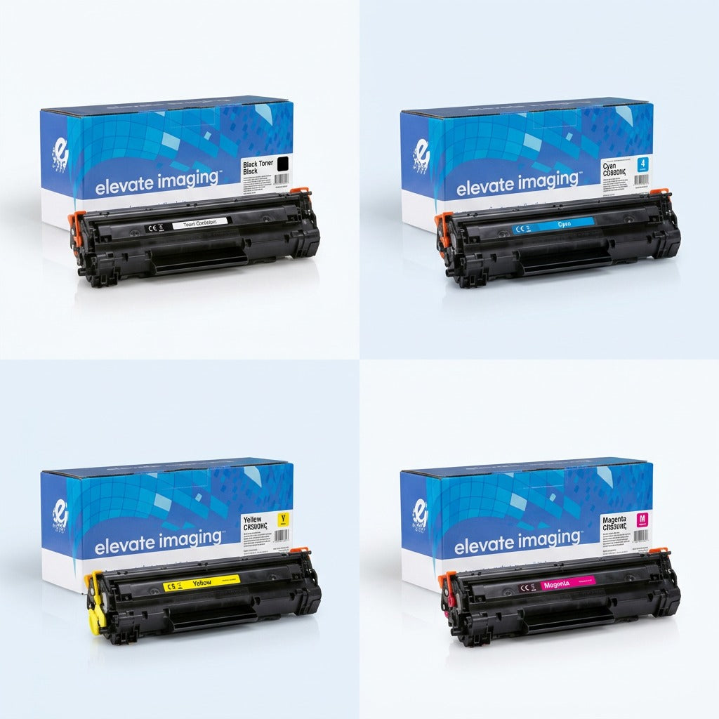 Elevate Imaging remanufactured HP 643A toner cartridges in black, cyan, yellow, and magenta variants.
