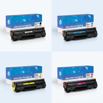 Elevate Imaging remanufactured HP 643A toner cartridges in black, cyan, yellow, and magenta variants.