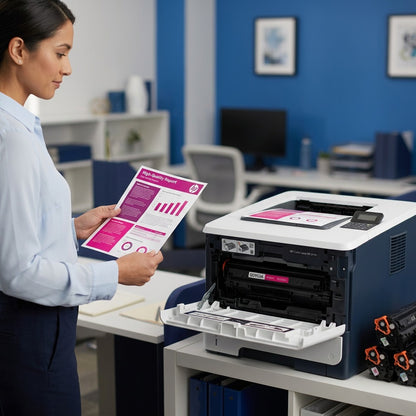 Person reviewing printed report next to a printer with an installed HP 643A Q5953A magenta toner.