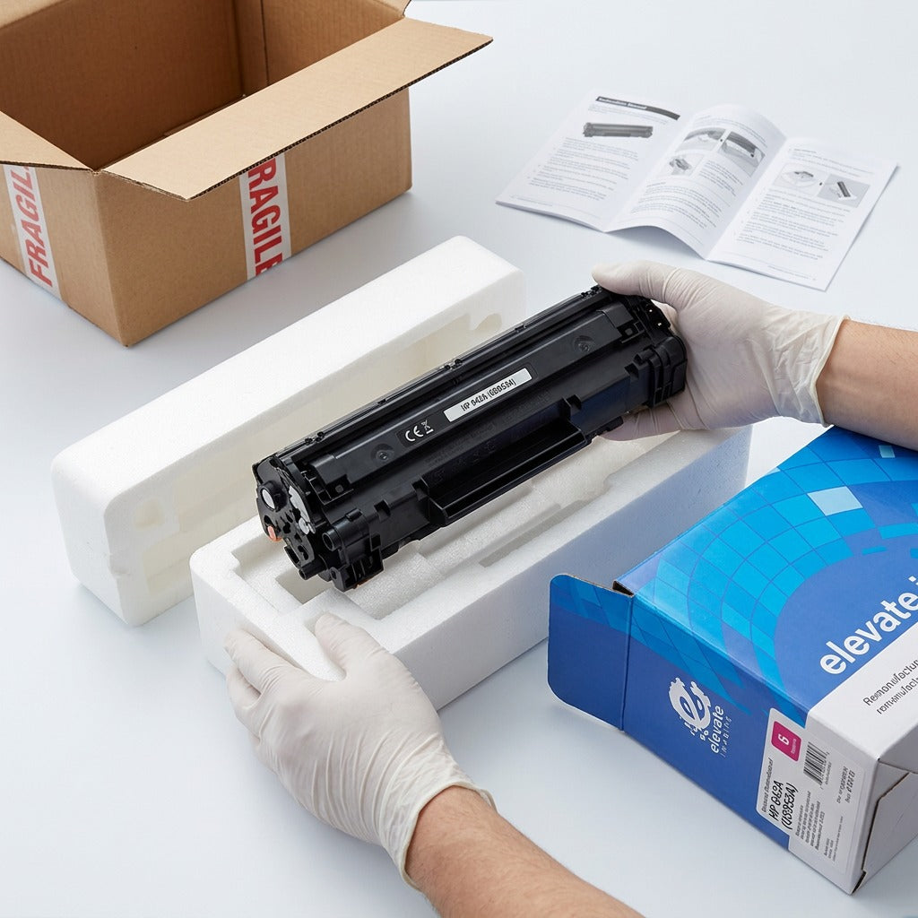 Unboxing an Elevate Imaging HP 643A (Q5953A) Magenta Toner Cartridge from secure foam and retail box.