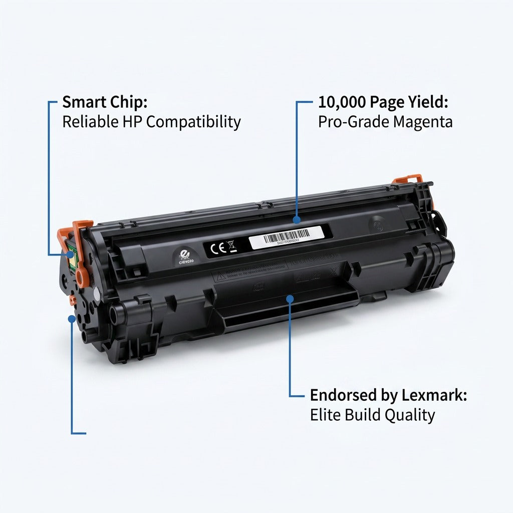 Elevate Imaging HP 643A Magenta toner cartridge callout showing smart chip and 10,000 page yield.
