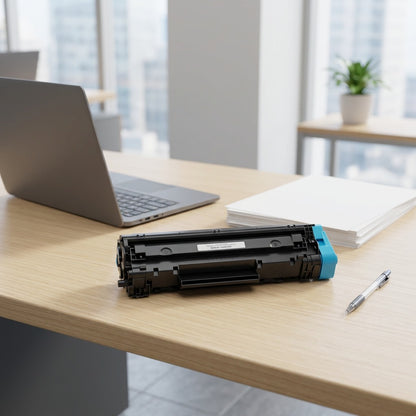 Elevate Imaging cyan toner cartridge for HP 4730 on a desk beside a laptop for scale reference.