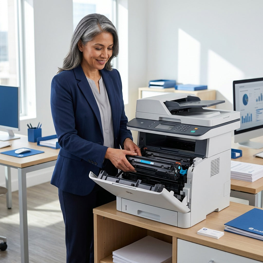 Woman installing an Elevate Imaging cyan remanufactured HP Q6461A toner into a LaserJet 4730 MFP.