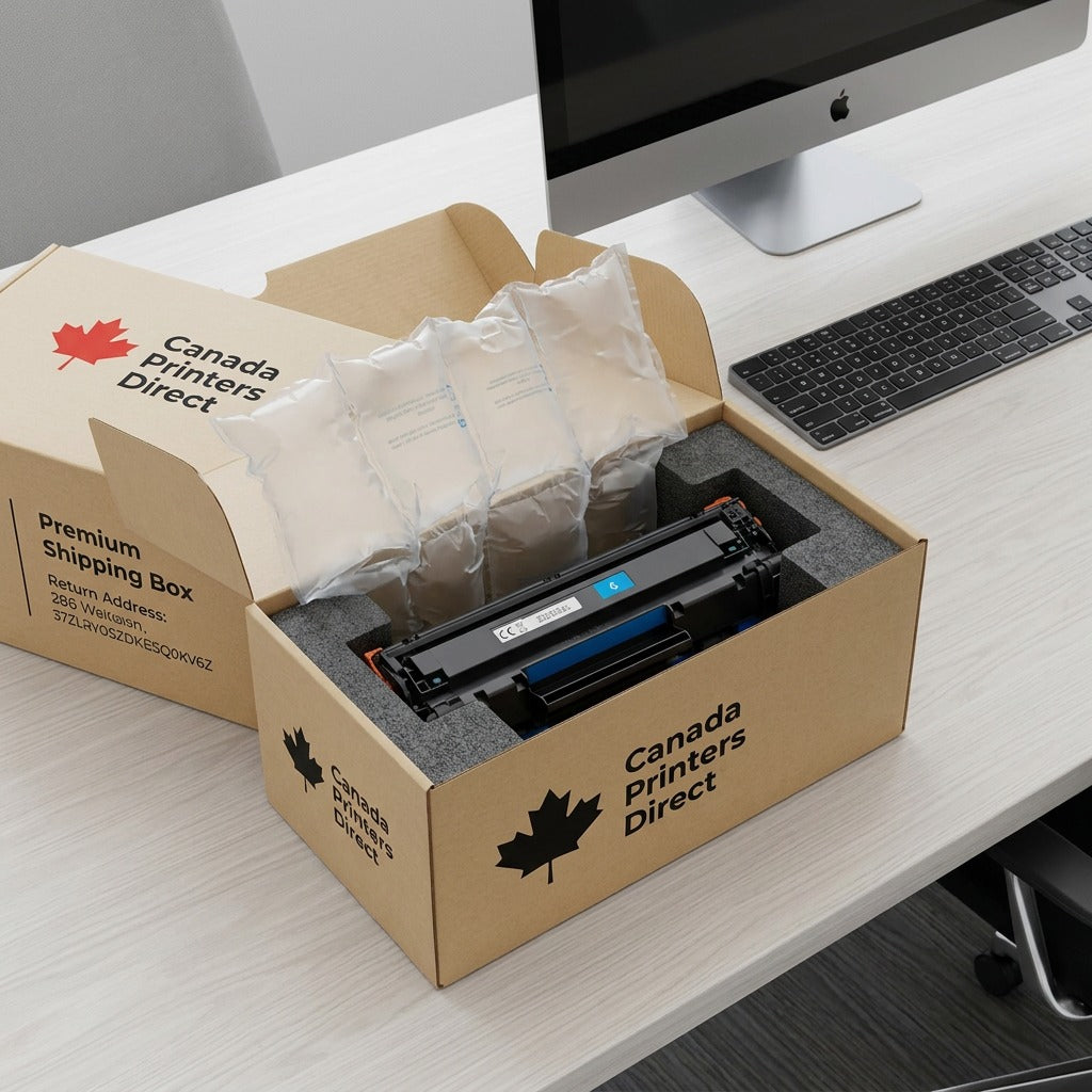 Unboxing of an Elevate Imaging Cyan Toner for HP Q6461A in a secure shipping box with air cushions.