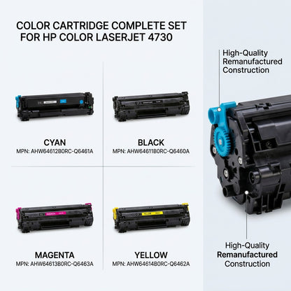A 2x2 grid set of Cyan, Black, Magenta, and Yellow remanufactured toner cartridges for HP LaserJet 4730.