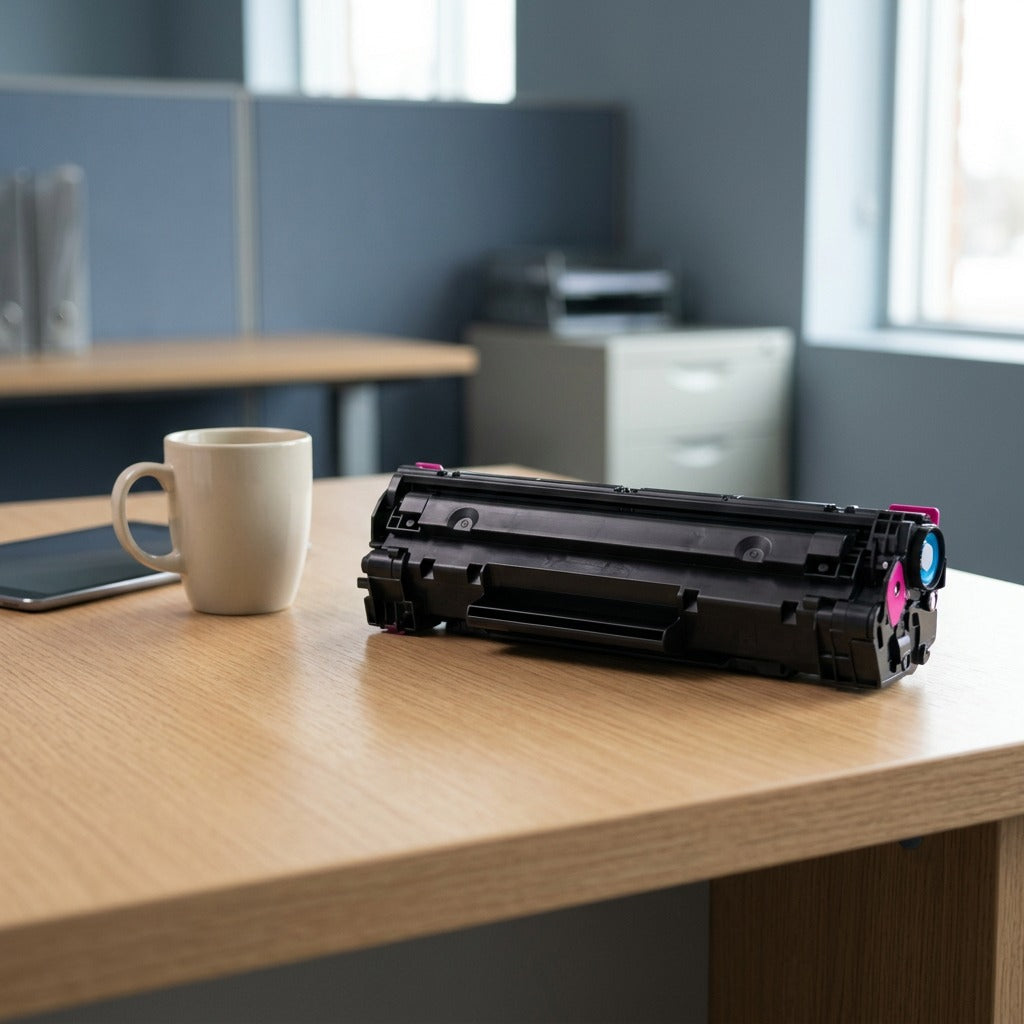 Elevate Imaging HP 644A Magenta Toner Cartridge on a desk alongside a coffee mug for scale.