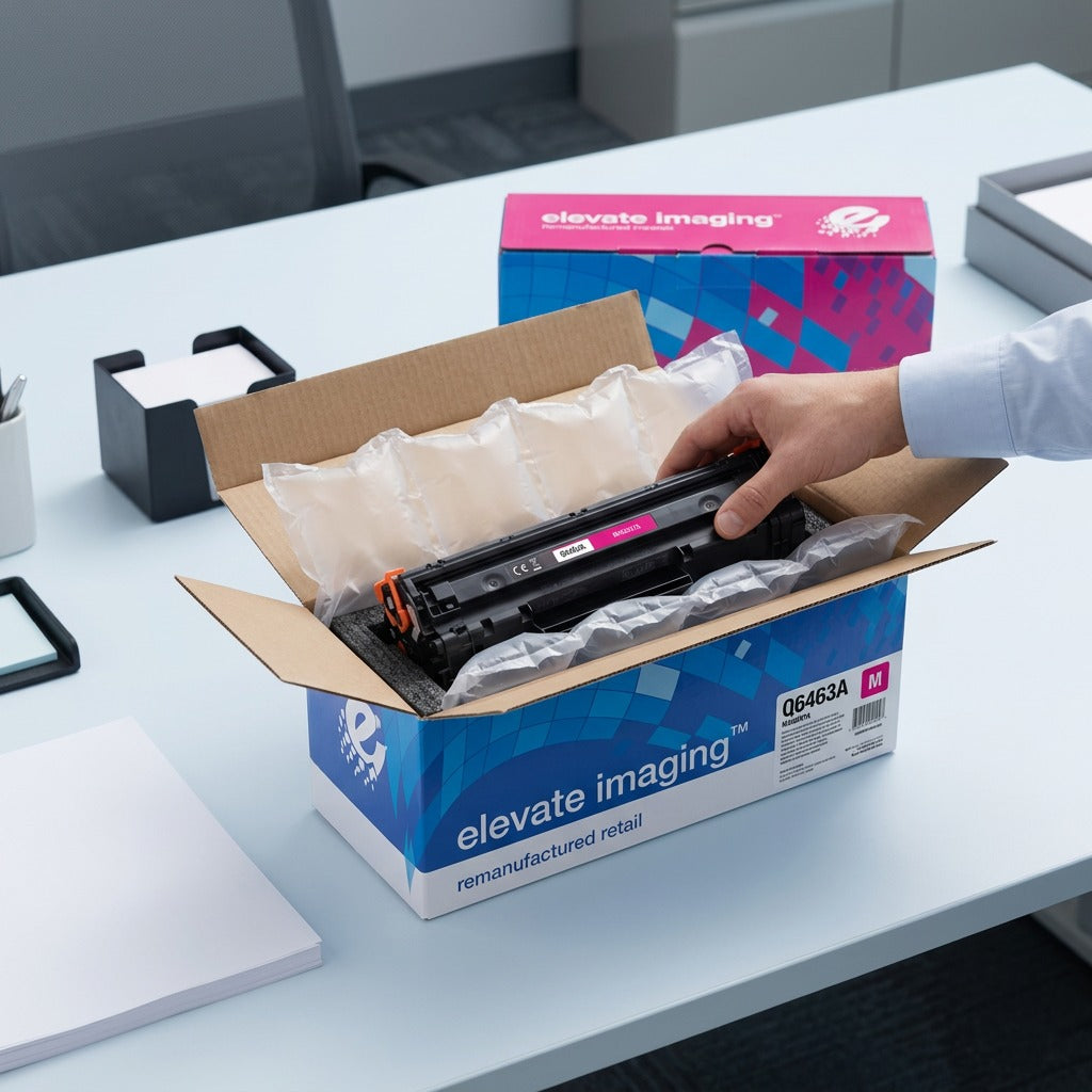 A person unboxing an Elevate Imaging Q6463A magenta toner cartridge from protective air pillows.