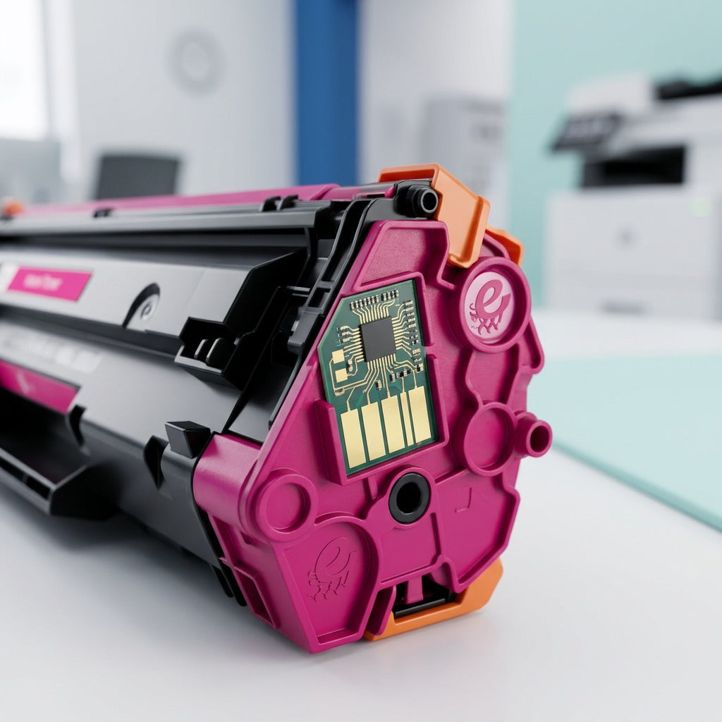 Macro detail of the smart chip and gold contact points on a magenta HP 644A toner cartridge.