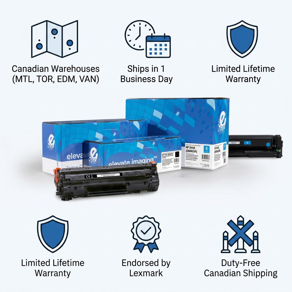 Infographic for Elevate Imaging HP 644A (Q6463A) magenta toner featuring fast Canadian shipping.