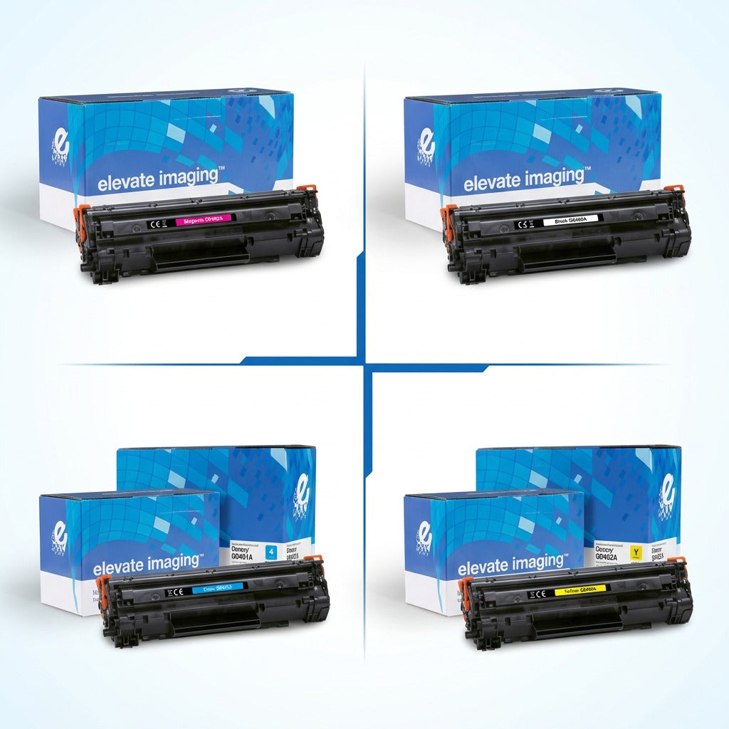 A 2x2 grid showing Elevate Imaging HP 644A series toner cartridges in magenta, black, cyan, and yellow.