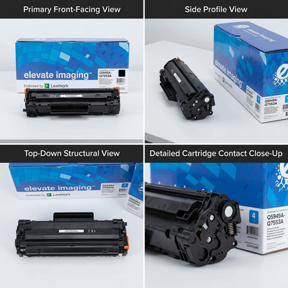 Four-panel view of Elevate Imaging HP 49A/53A black toner cartridge and product box showing multiple angles.