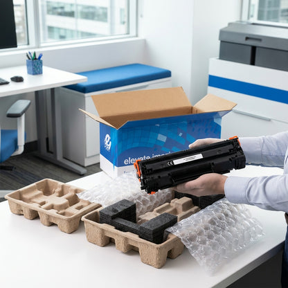 Unboxing the Elevate Imaging HP 49A/53A black toner cartridge with secure foam and air packaging.