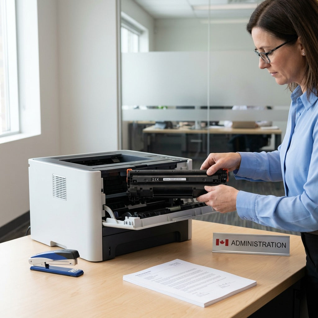 An office manager installs a black compatible HP 49A / 53A toner cartridge into a laser printer.