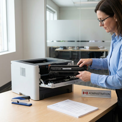 An office manager installs a black compatible HP 49A / 53A toner cartridge into a laser printer.