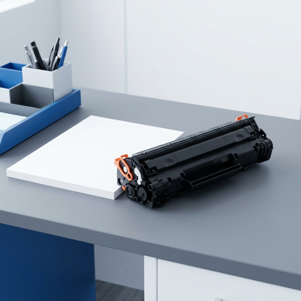 Elevate Imaging black toner cartridge for HP 49X/53X on a desk next to a ream of printer paper.