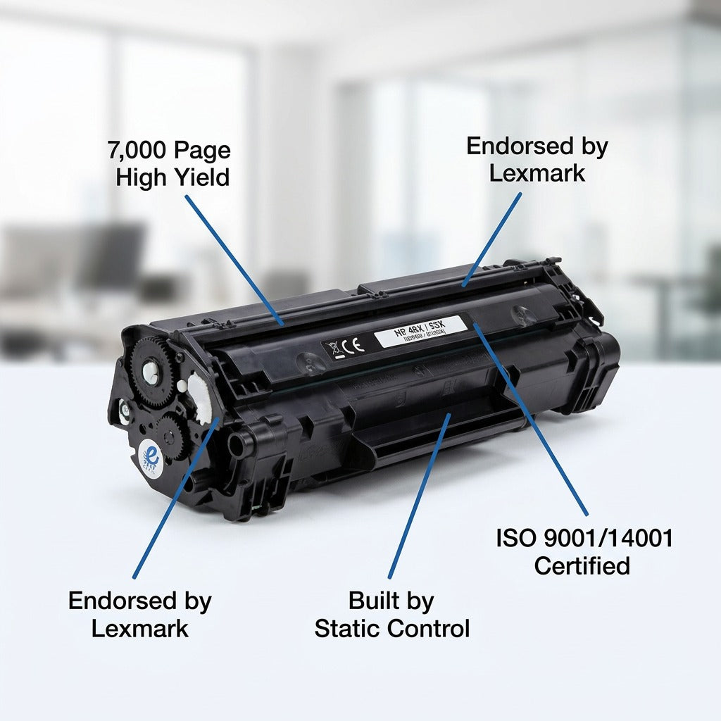 Elevate Imaging HP 49X / 53X High Yield Black Toner with callouts for 7000 page yield and ISO certifications.