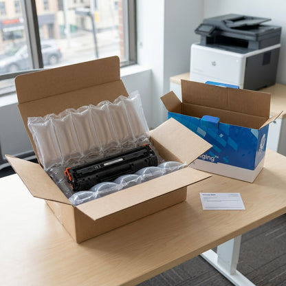 Elevate Imaging laser toner cartridge in air-cushioning packaging, arriving in a modern office.