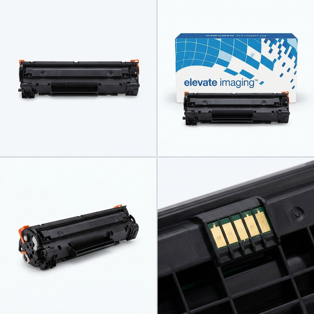 Four-view matrix of Elevate Imaging compatible HP 49X/53X toner with box, angles, and chip detail.