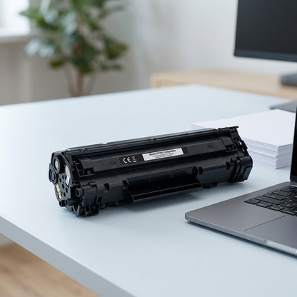 Elevate Imaging Black Toner Cartridge, HP 644A compatible, shown on a desk next to a laptop.