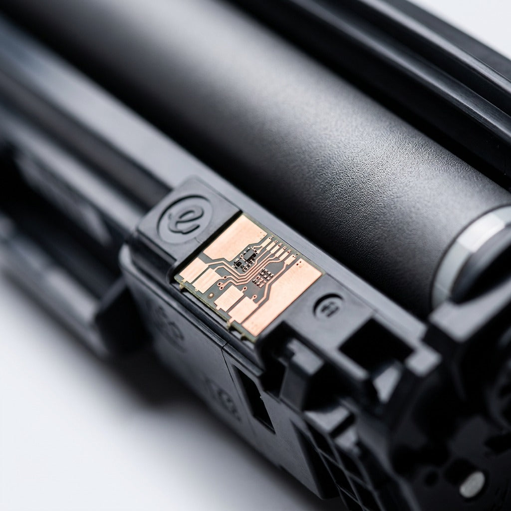 Macro view of the copper contact chip and developer roller on an HP 644A remanufactured toner.