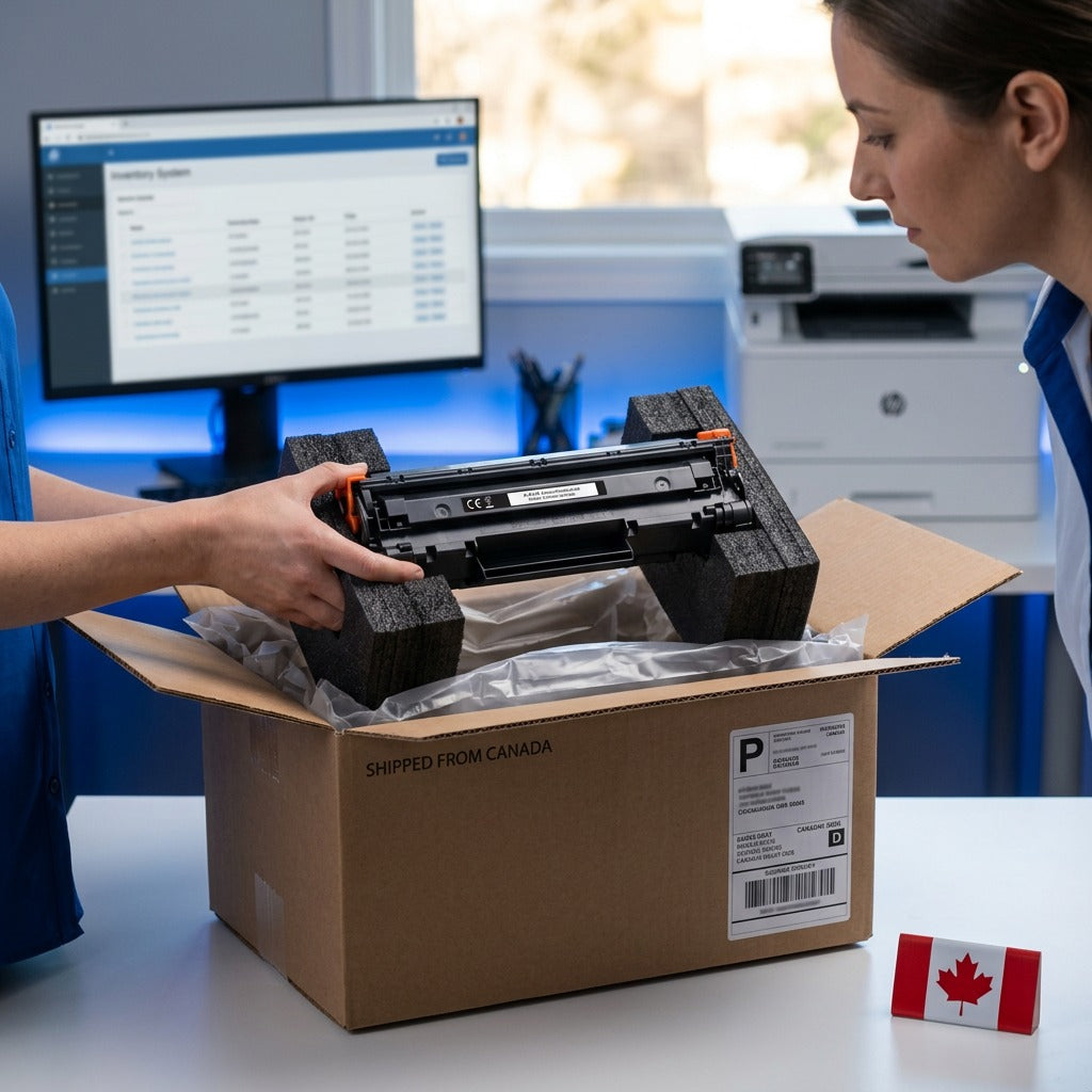 Unboxing a remanufactured HP 644A black toner cartridge from a secure shipping box in an office.