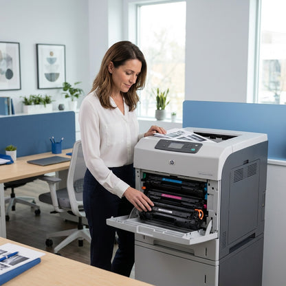 A professional installing a remanufactured HP 644A (C9730A) toner cartridge into an HP printer.
