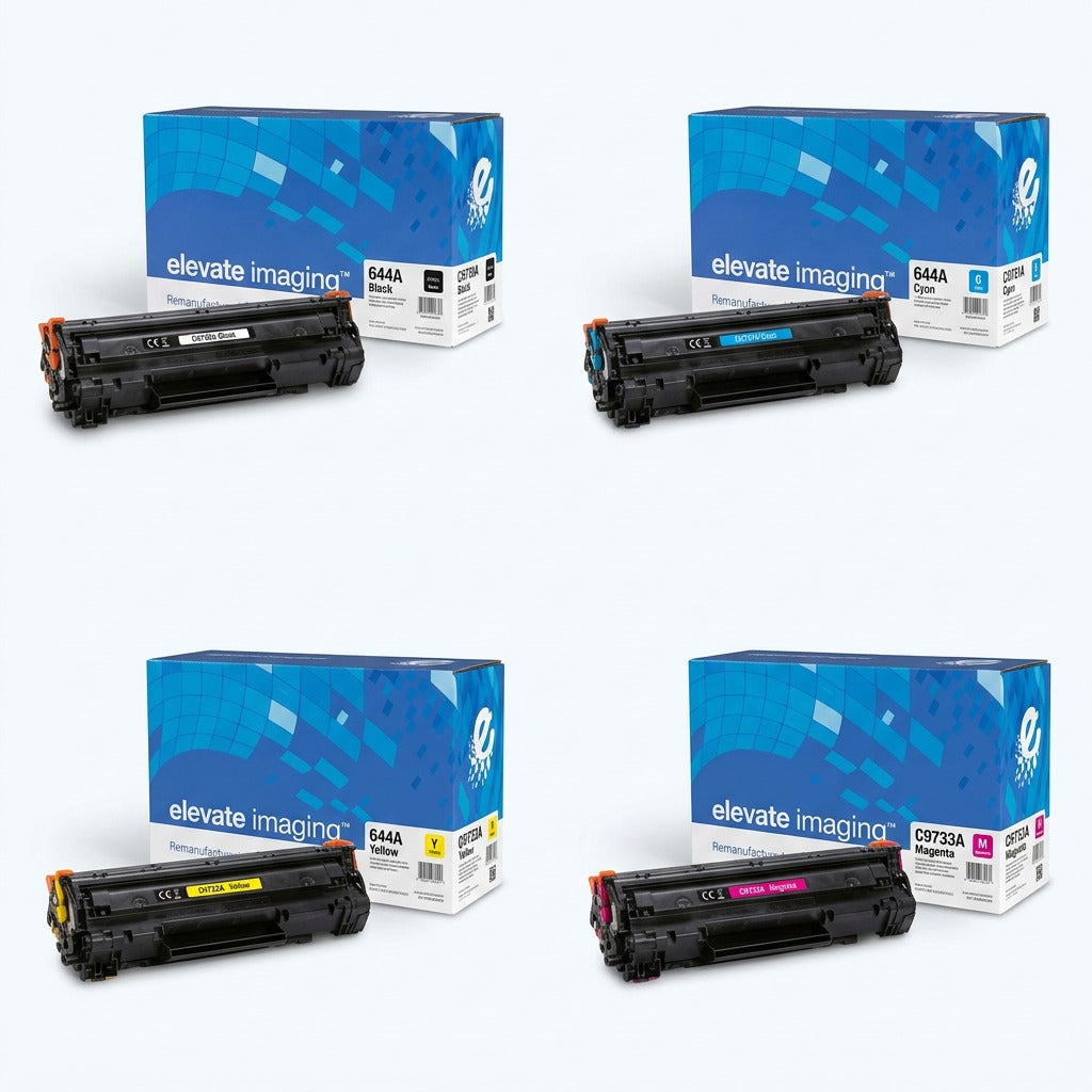 Grid of Elevate Imaging HP 644A remanufactured toner cartridges in black, cyan, yellow, and magenta.