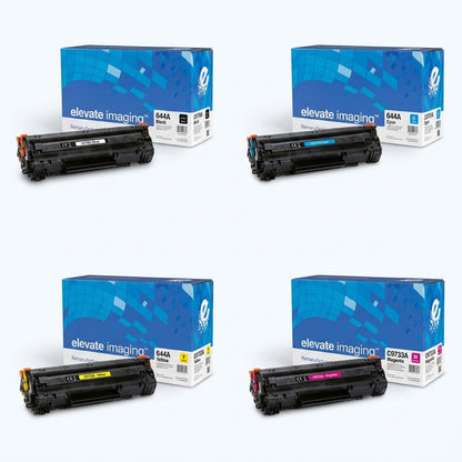 Grid of Elevate Imaging HP 644A remanufactured toner cartridges in black, cyan, yellow, and magenta.