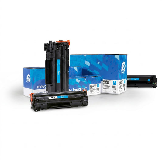 A cyan HP 645A (C9731A) remanufactured toner cartridge by Elevate Imaging with its blue retail box.