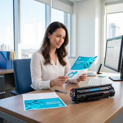 Office professional examining flyers printed with a HP 645A Cyan remanufactured toner cartridge.
