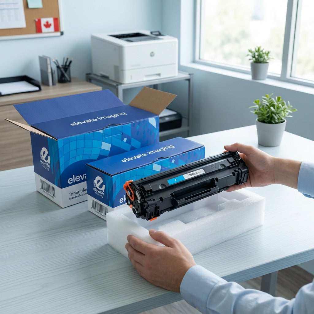 Unboxing an Elevate Imaging HP 645A (C9731A) cyan toner cartridge from its secure foam packaging.
